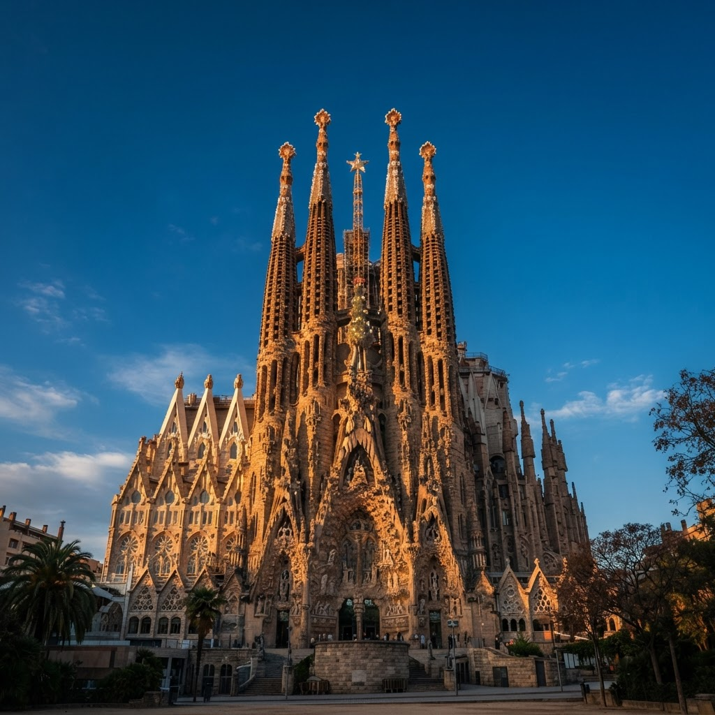 The Sagrada Família basilica towers at sunset in Barcelona